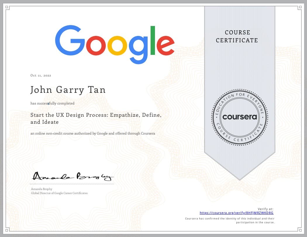UX Design Process certificate — Google via Coursera