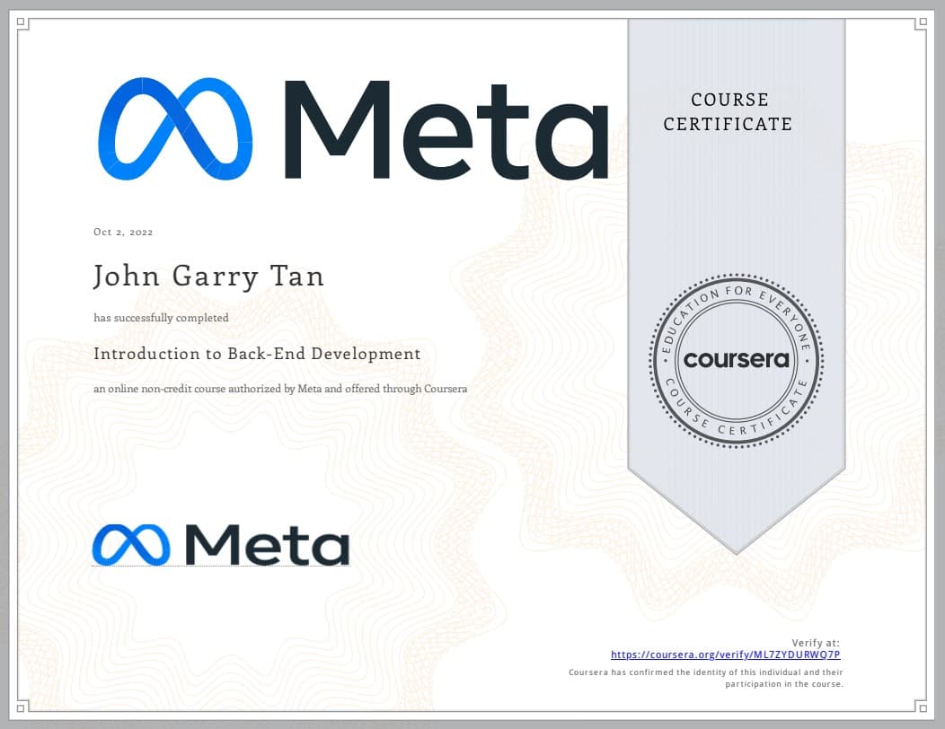 Introduction to Back-End Development certificate — Meta via Coursera