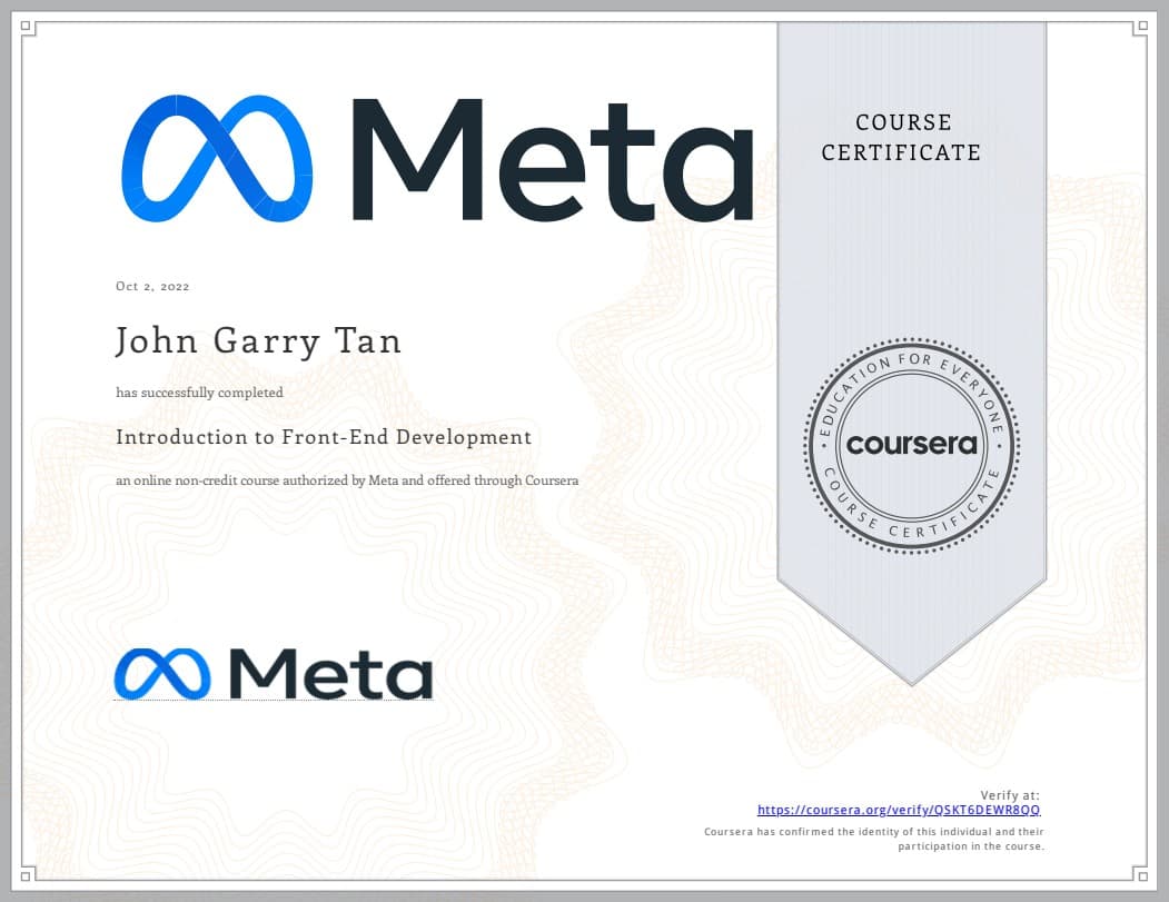 Introduction to Front-End Development certificate — Meta via Coursera