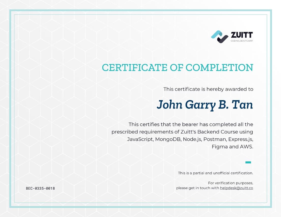 Back-End Development certificate — Zuitt Coding Bootcamp