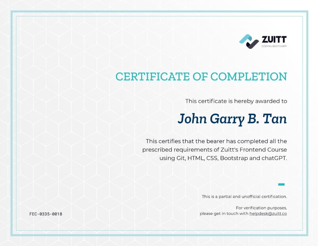 Front-End Development certificate — Zuitt Coding Bootcamp