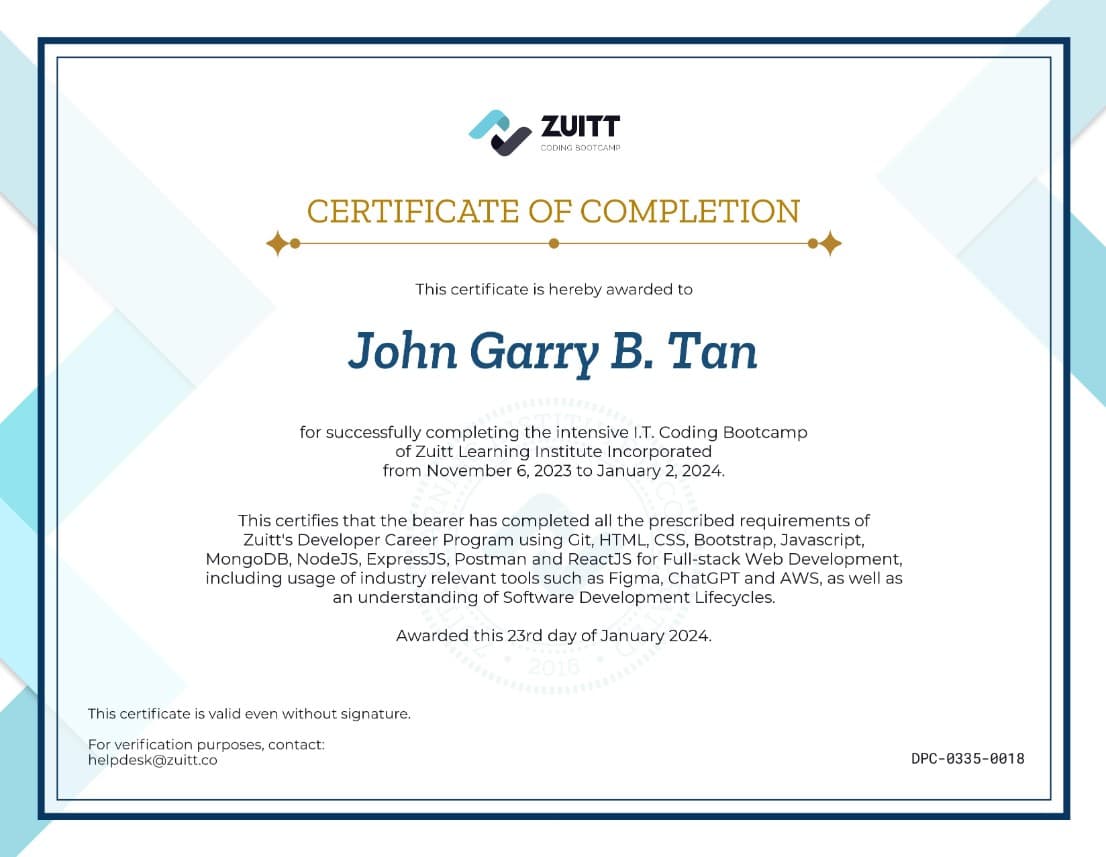 Full-Stack Development certificate — Zuitt Coding Bootcamp