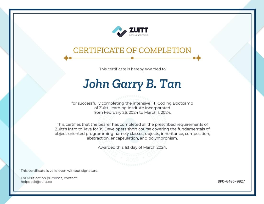 Java Programming certificate — Zuitt Coding Bootcamp