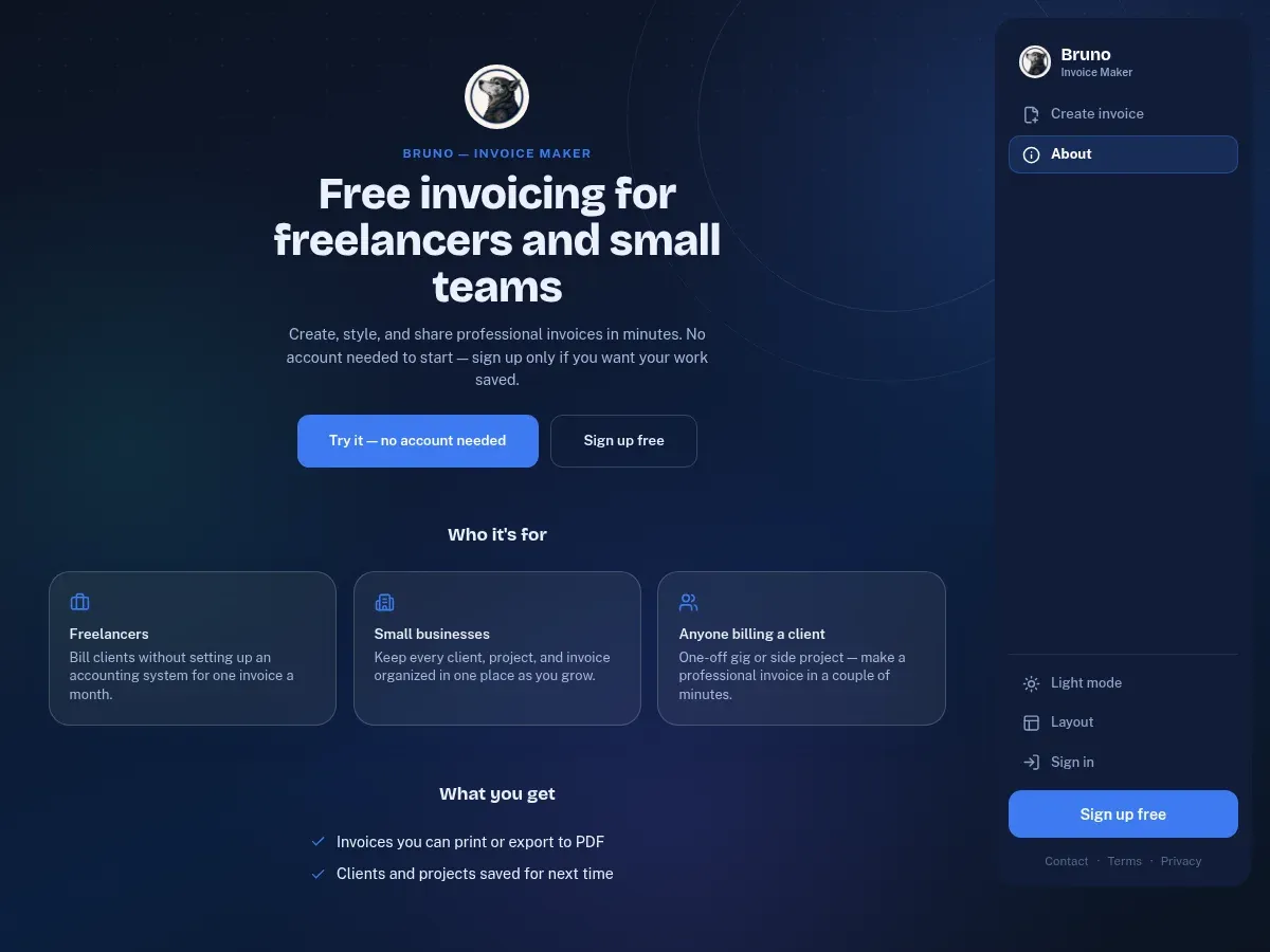 Bruno — free invoice maker, dashboard screenshot