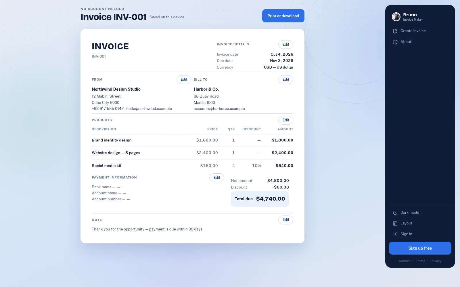 Bruno — free invoice maker, dashboard screenshot