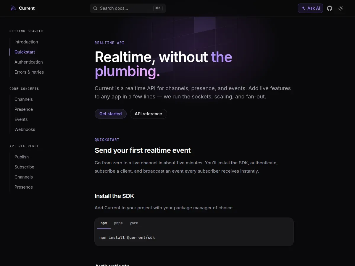 Current — realtime developer infrastructure product site
