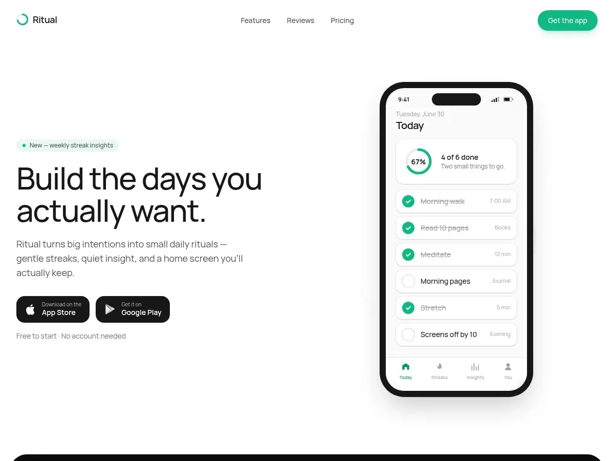 Ritual — habit-building app landing page